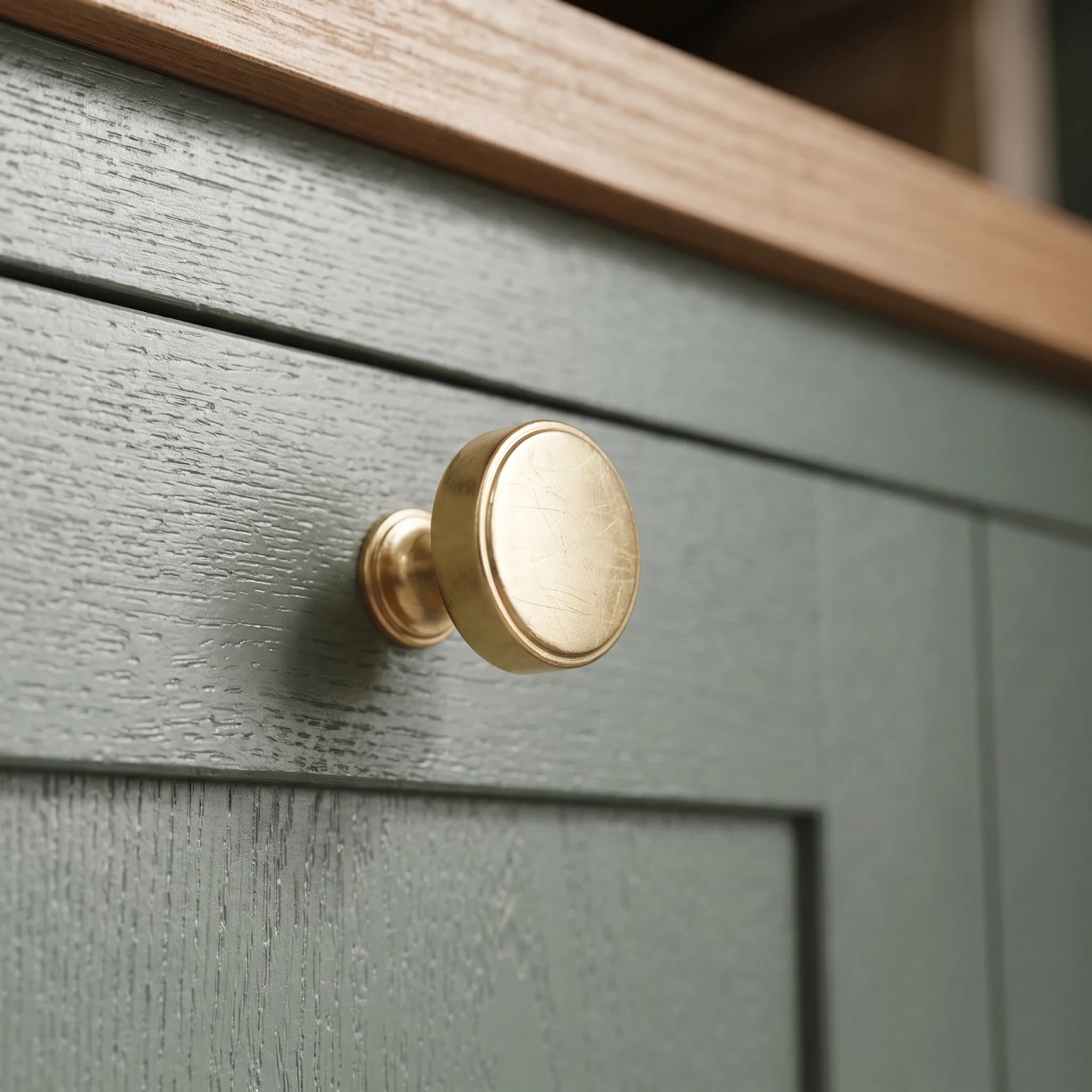 A brass knob on a hand-painted shaker drawer front, the oak grain visible through the paint
