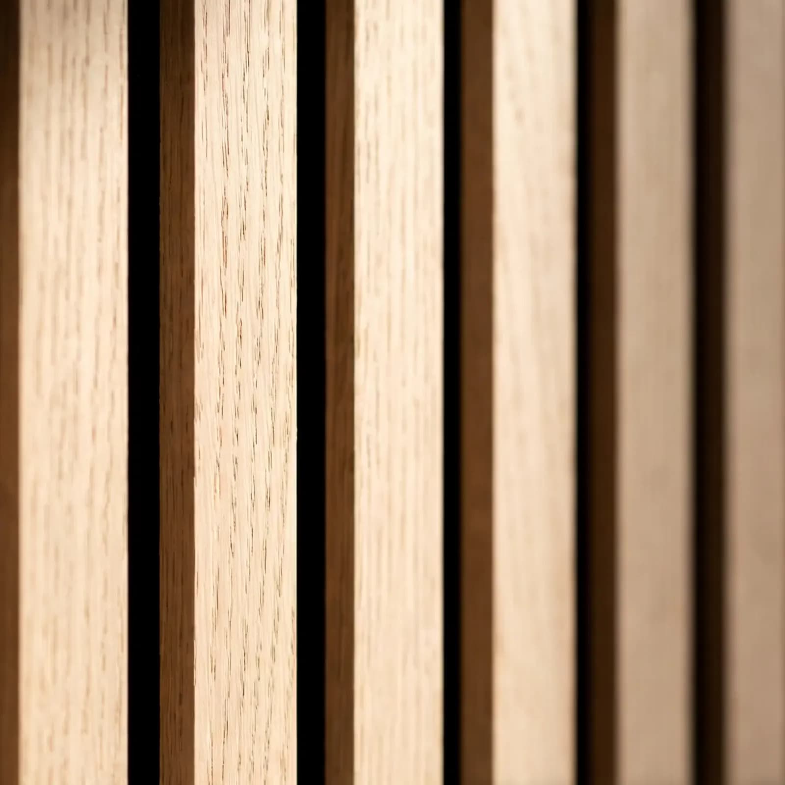 Full-height oak slats on a dark backing, running from the coving to the window reveal