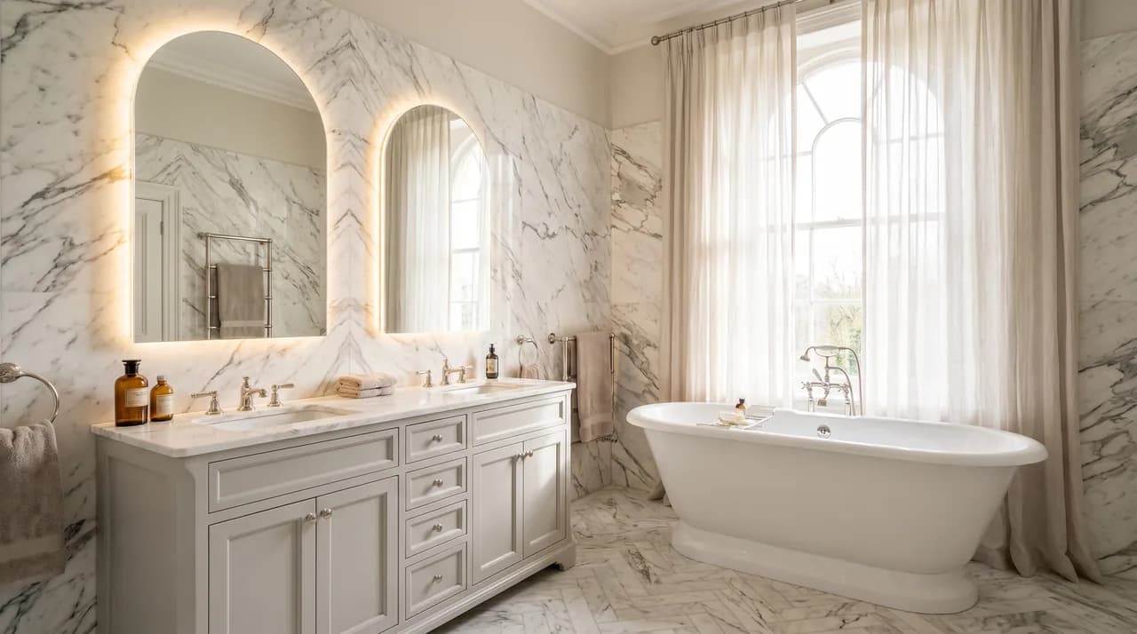 A marble ensuite: book-matched marble walls, a grey painted double vanity, two arched lit mirrors and a roll-top bath under a tall window