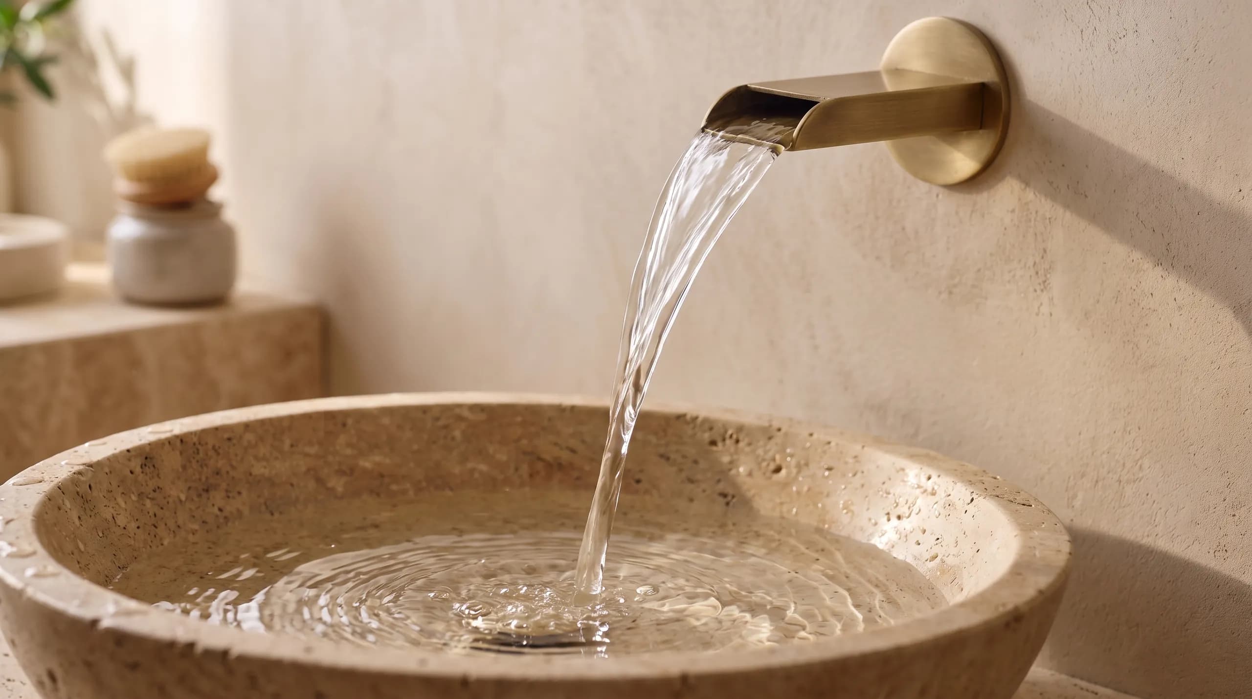Clear water pouring from a brushed brass wall spout into a honed travertine basin against a limewash wall