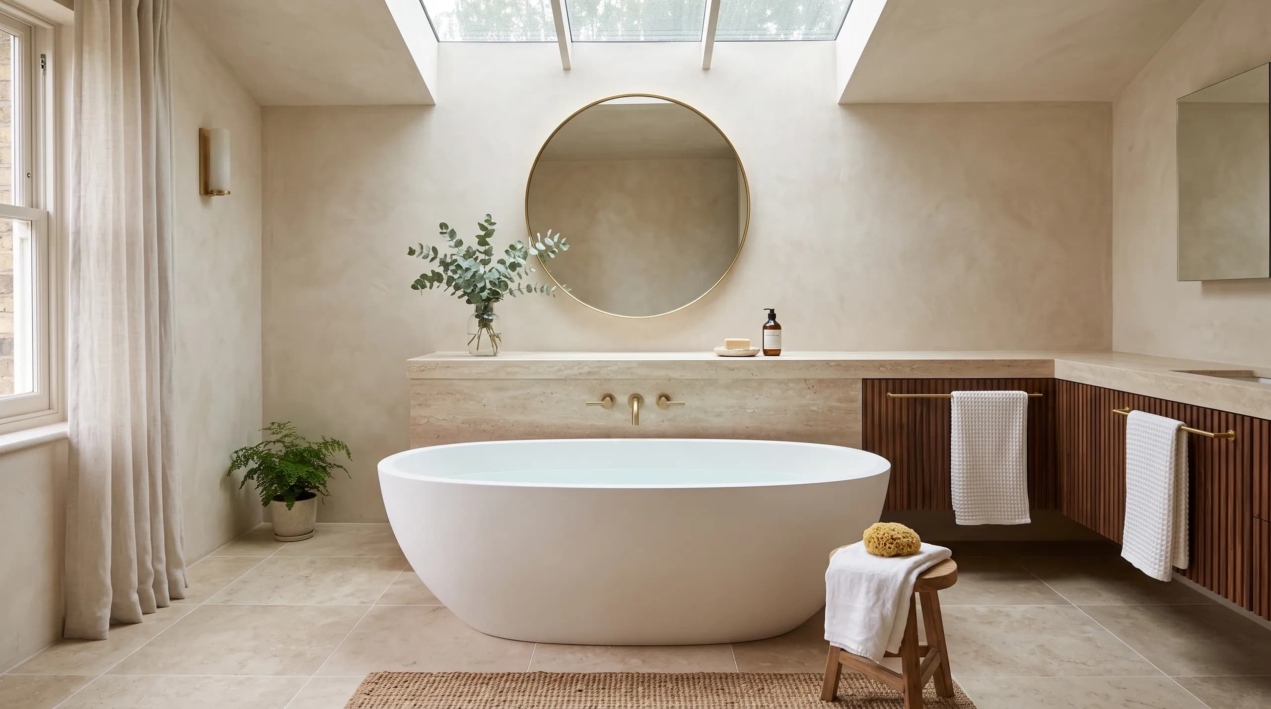 A calm bathroom under a skylight: a freestanding stone bath, limewash walls, a fluted walnut vanity with a travertine top and a round brass mirror