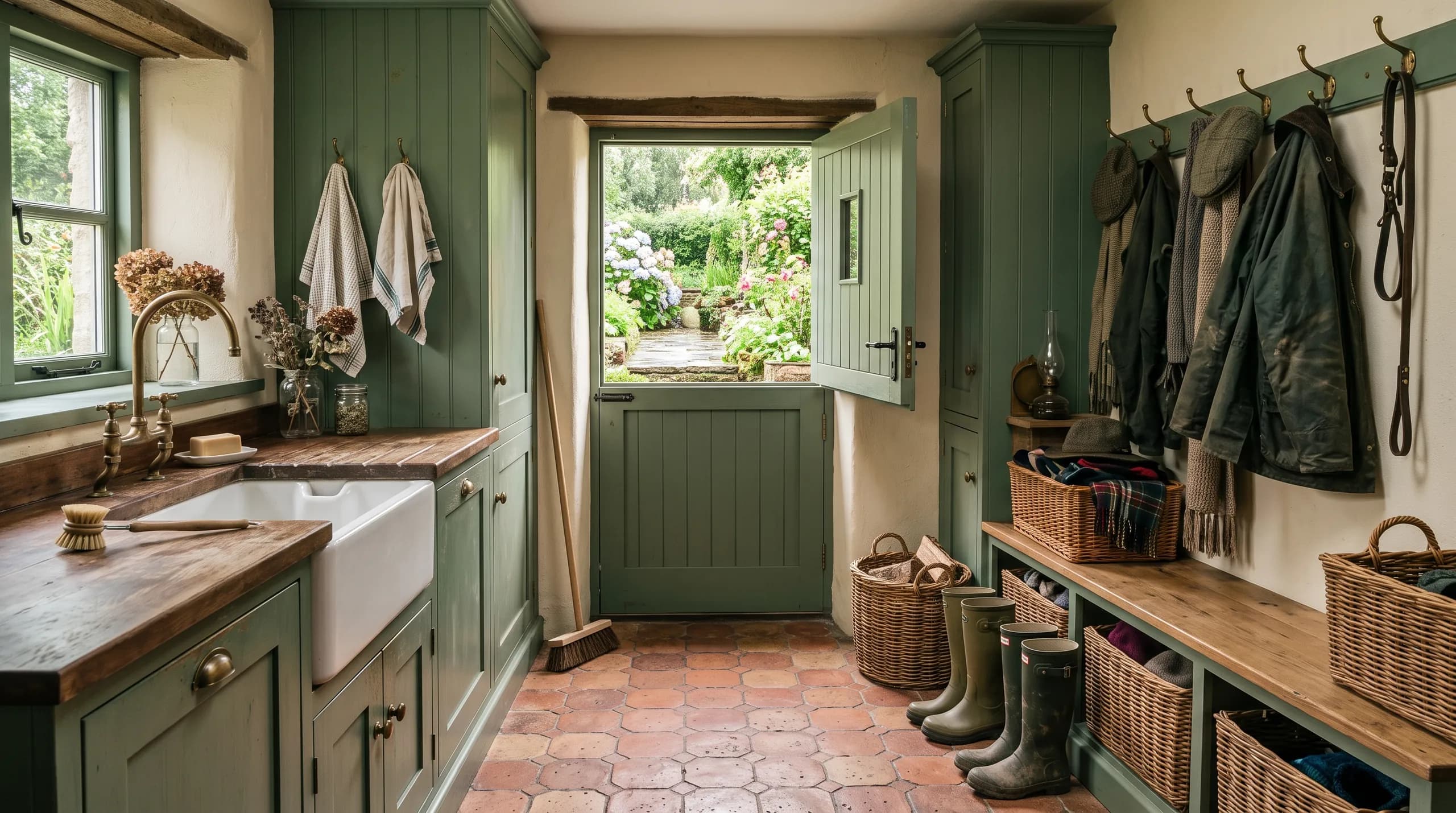 A heritage green boot room with a bench, brass hooks, a Belfast sink and terracotta hexagon tiles by a stable door