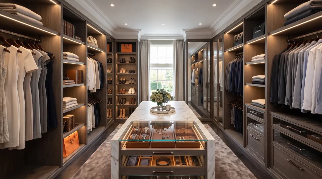 A walk-in dressing room in smoked oak with lit shelving and rails either side of a glass-topped island of drawers