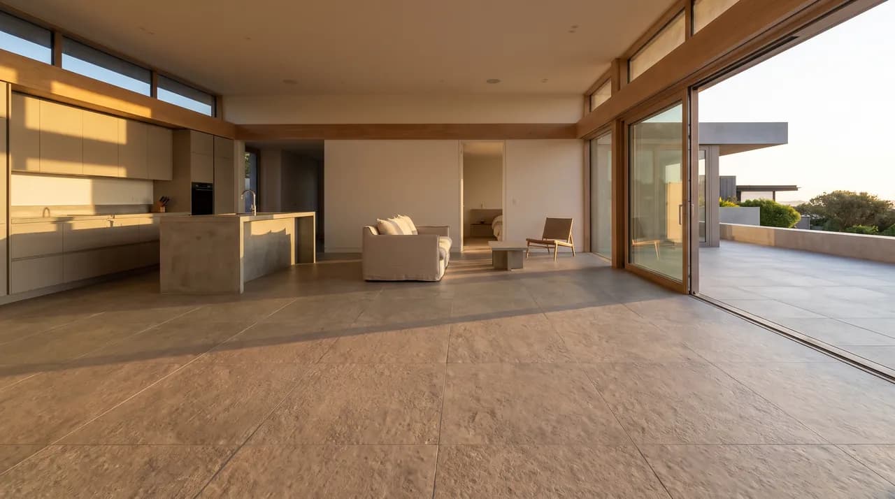 Large-format stone-effect porcelain running through an open-plan room and out onto the terrace in evening sun