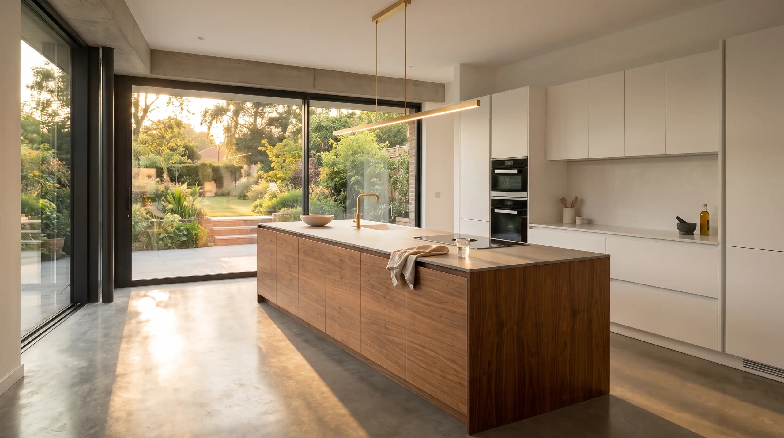 A handleless white kitchen with a long walnut-clad island, a linear brass pendant and floor-to-ceiling glazing onto a garden at golden hour