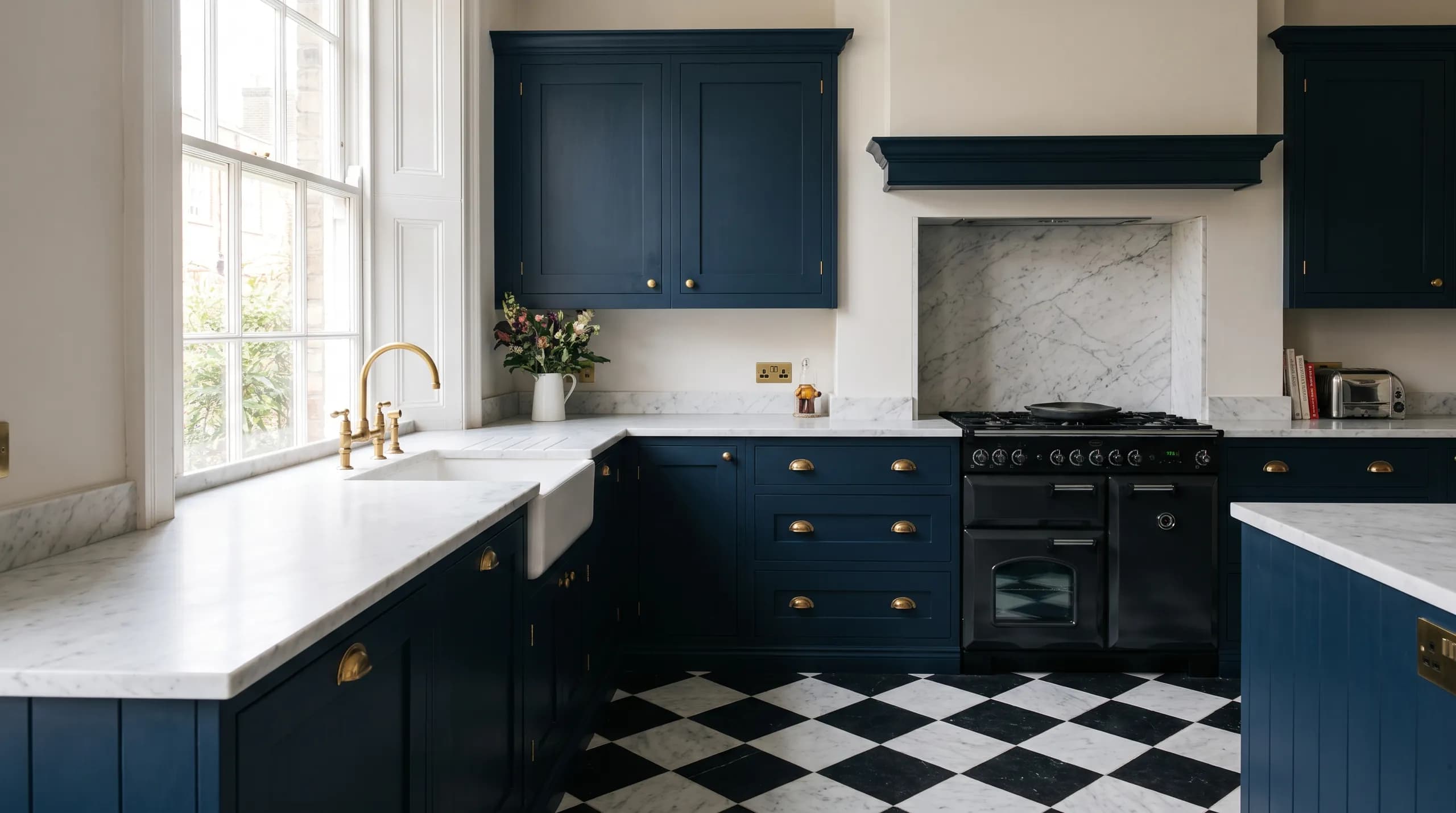 A navy hand-painted shaker kitchen in a Georgian room: brass cup handles, white marble worktops, a Belfast sink under a sash window and a chequerboard marble floor