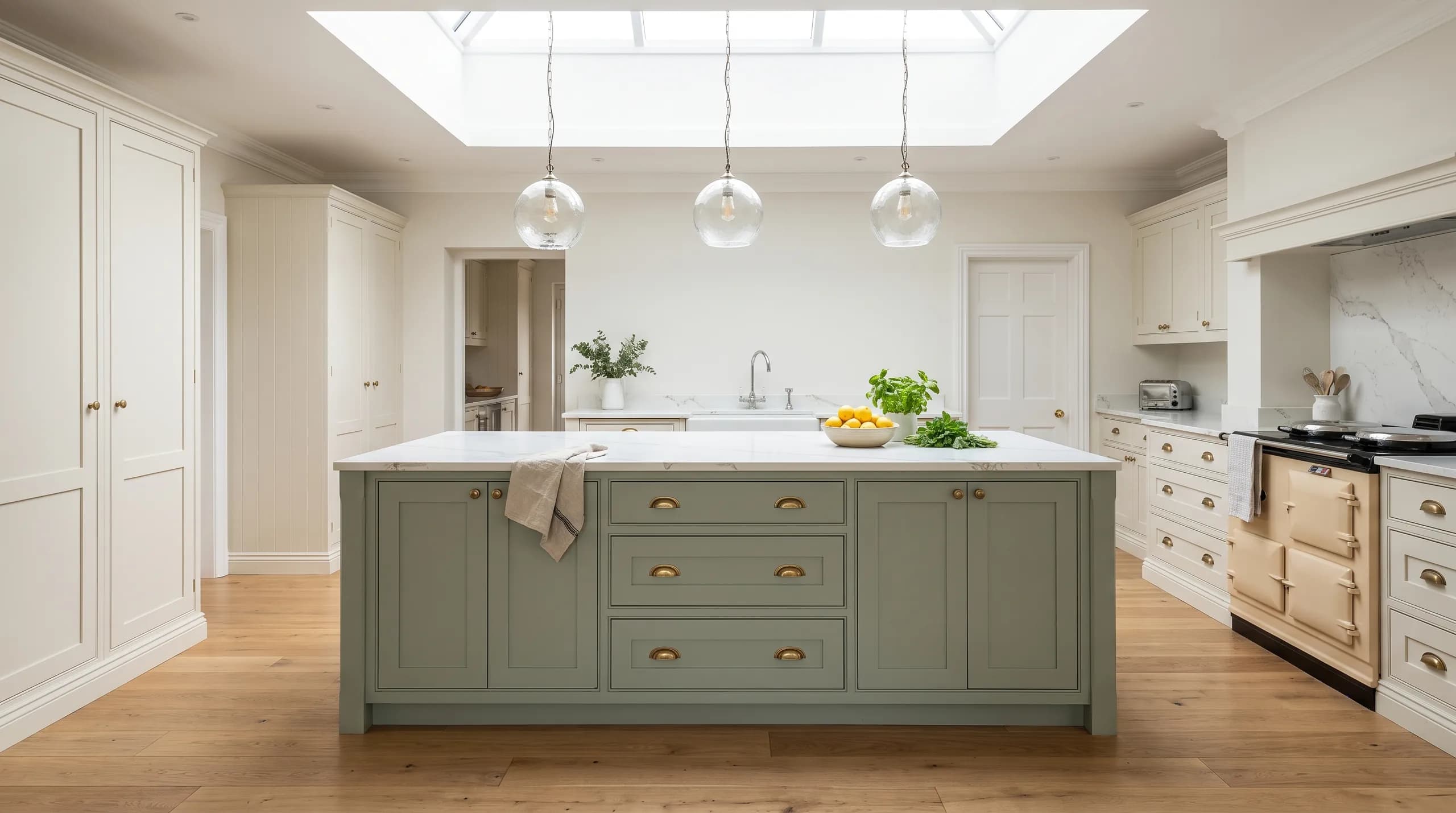 A bright kitchen under a roof lantern: a sage green shaker island with brass handles and a quartz top, three glass pendants, warm white larder units and an oak floor