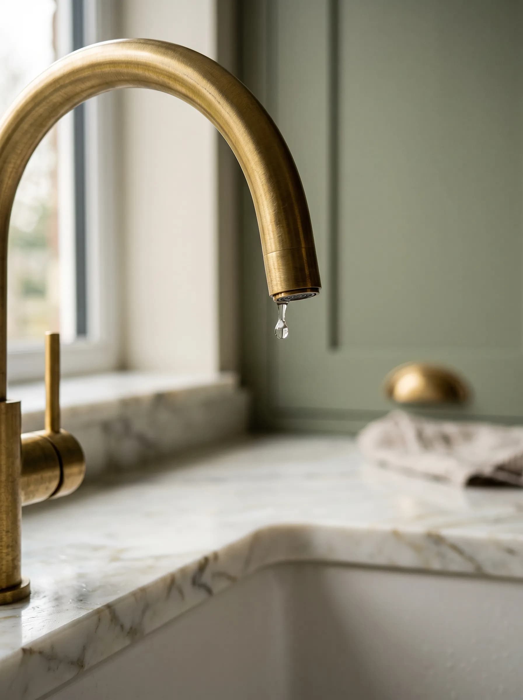Close-up of a brushed brass gooseneck tap over a polished marble worktop edge, a sage shaker door softly out of focus behind