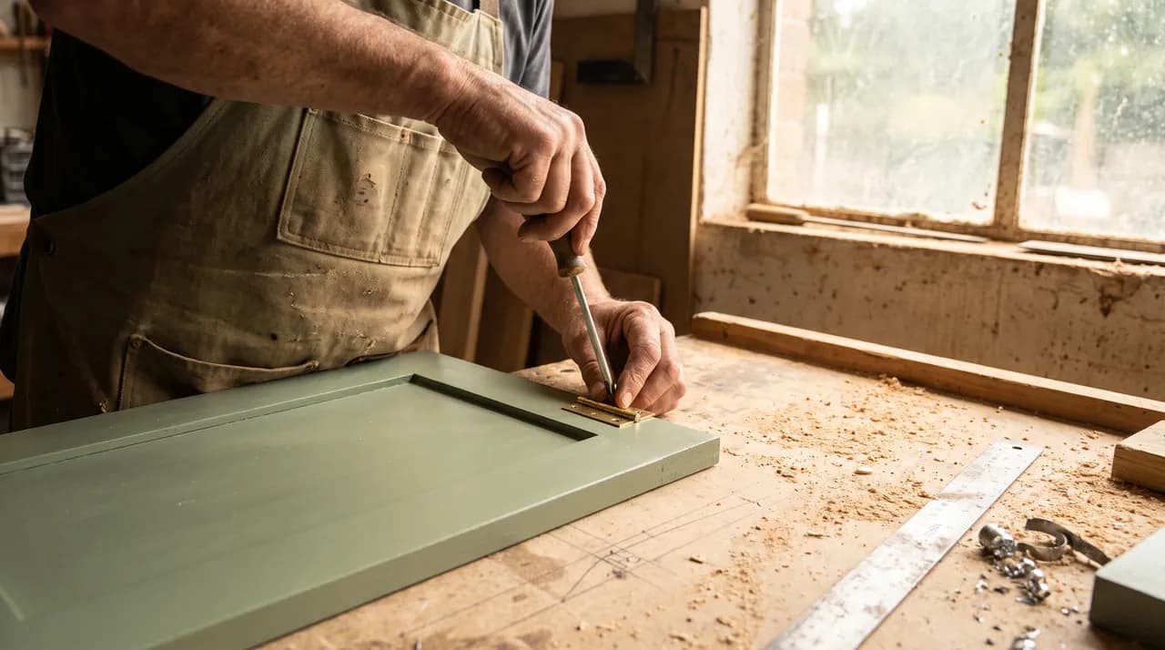A craftsman's hands fitting a brass hinge to a sage painted shaker door on a workshop bench