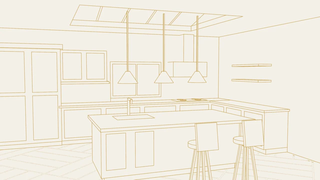 A kitchen drawn as a fine gold wireframe on paper, the way every room is modelled before anything is ordered